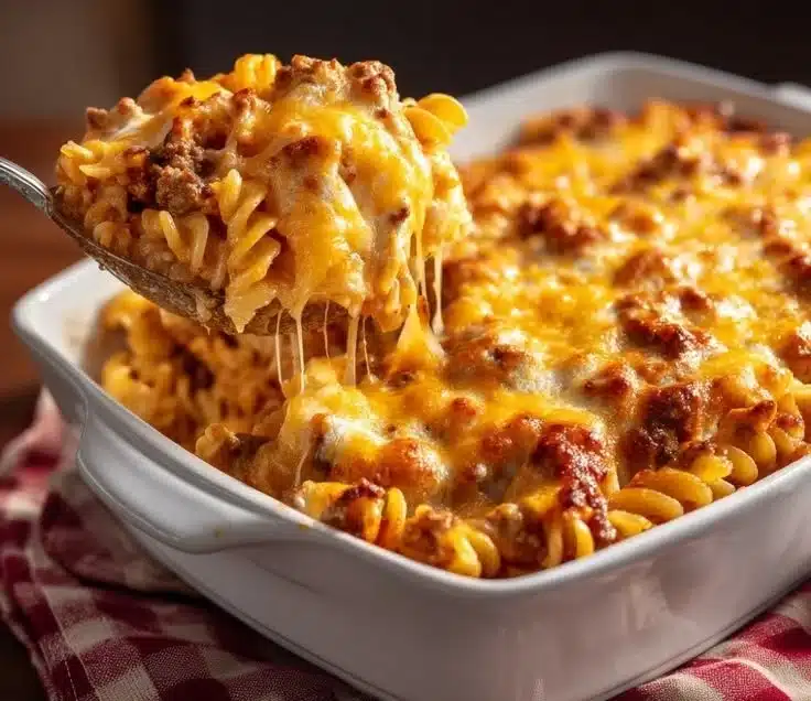 Delicious cheeseburger pasta casserole served in a bowl