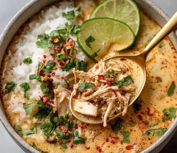 Delicious one-pan Coconut Chicken and Rice dish served with fresh herbs