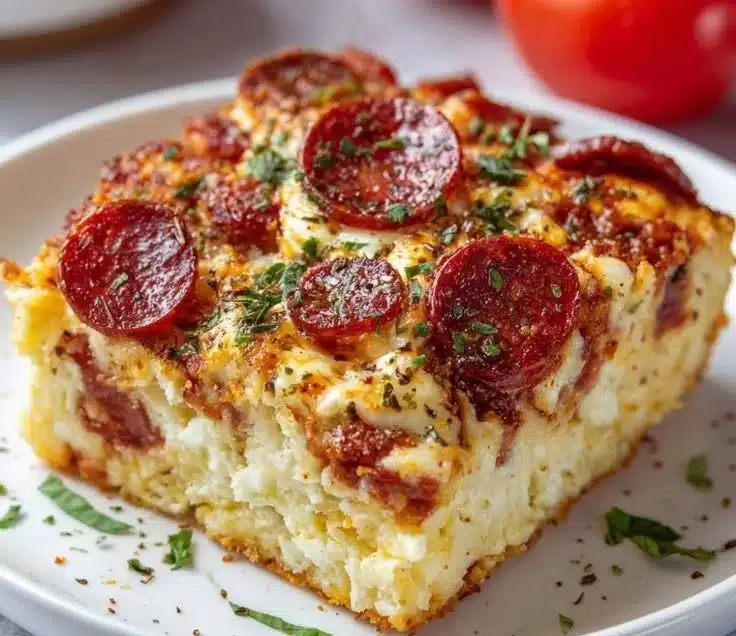 Delicious Cottage Cheese Pizza Bake garnished with fresh vegetables and herbs.