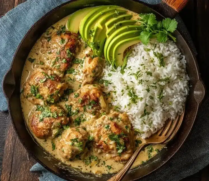 Delicious creamy coconut chicken served with rice and fresh herbs
