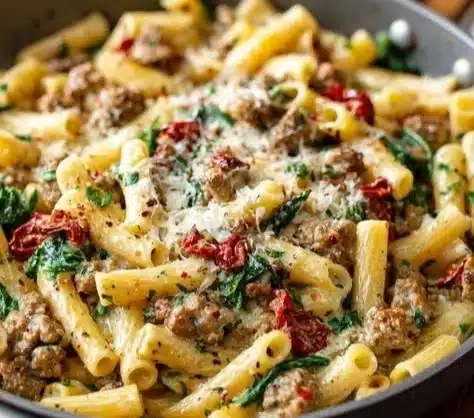 Delicious creamy Tuscan sausage pasta garnished with fresh herbs