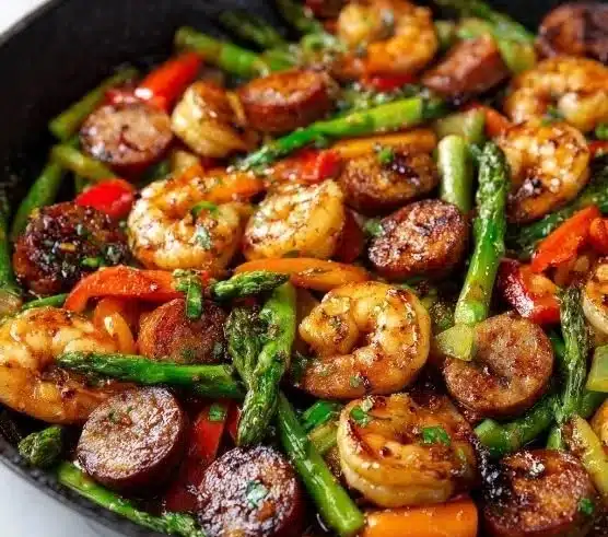 Plate of easy honey garlic shrimp with sausage and vegetables