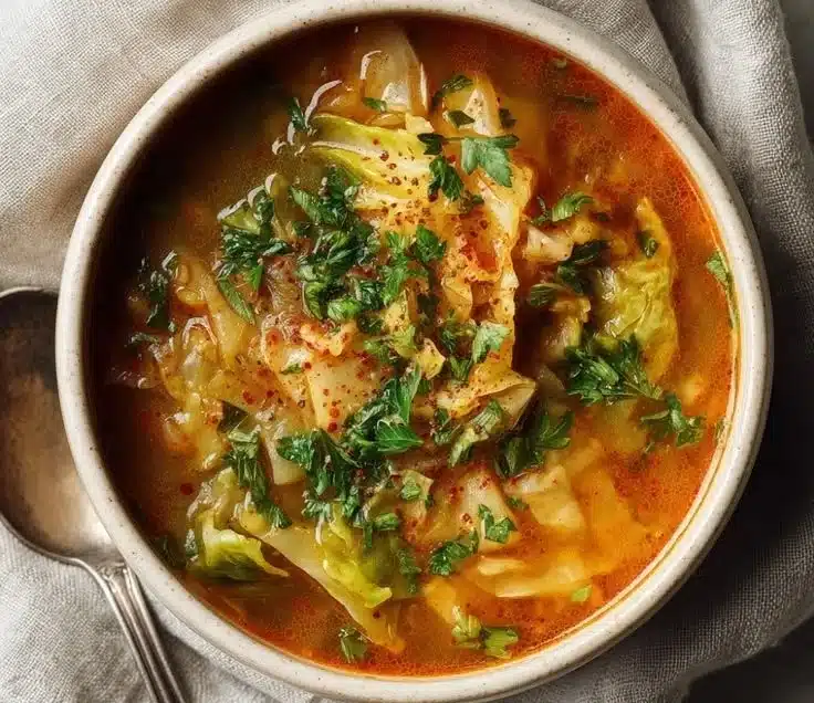 Bowl of fat-burning cabbage soup garnished with fresh herbs and vegetables