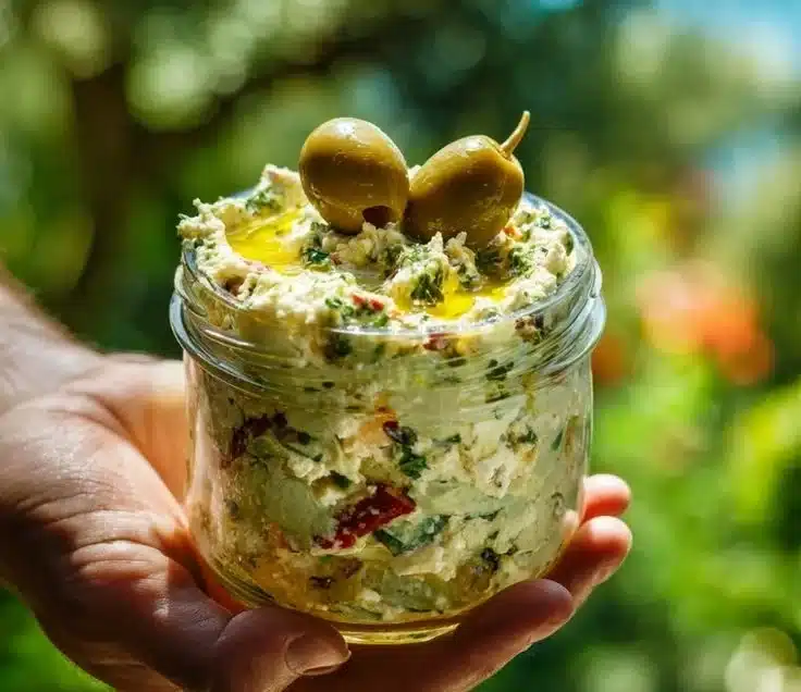 Creamy feta and olive dip served in a bowl with crackers and vegetables