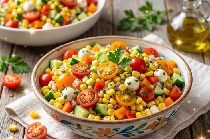 Healthy corn salad with fresh vegetables and herbs in a bowl.
