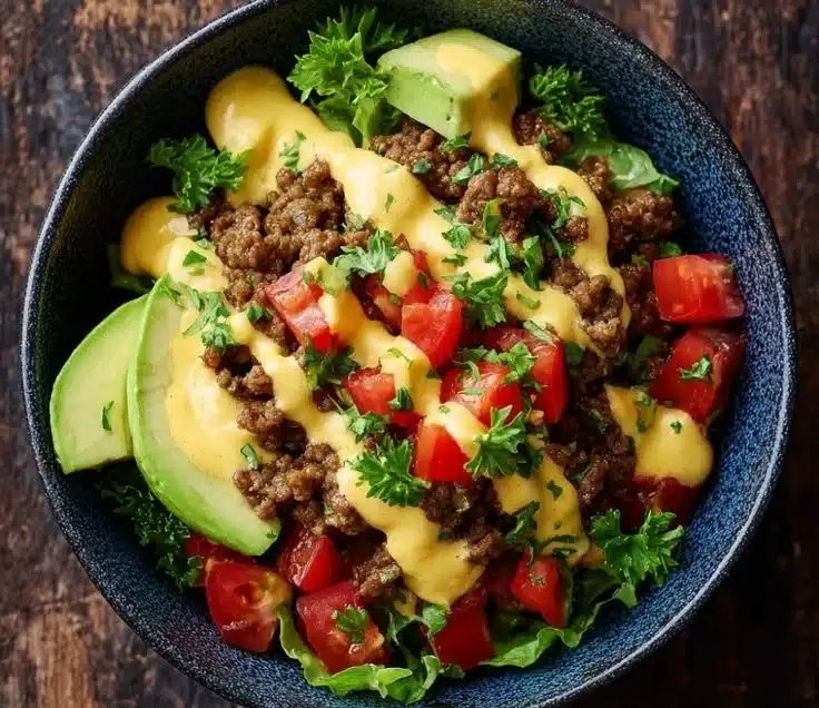 High-protein cheeseburger bowl topped with fresh ingredients