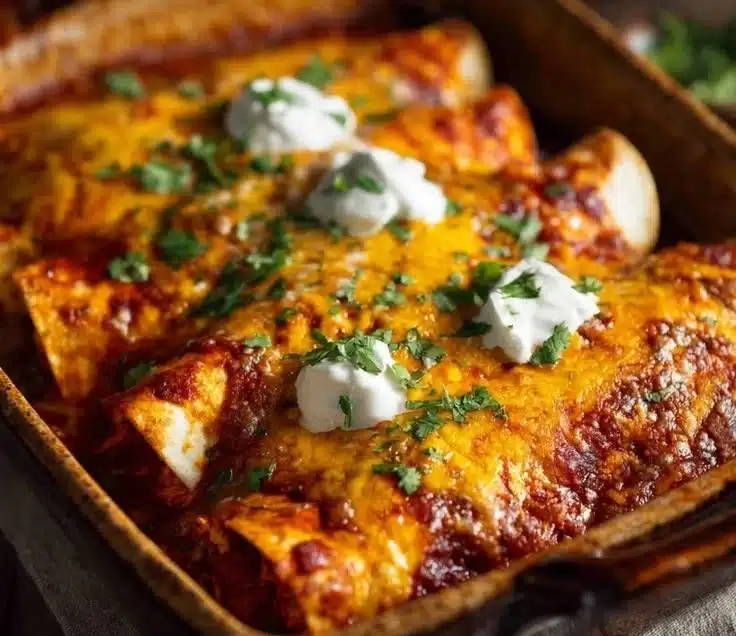 Delicious high protein chicken enchiladas topped with cheese and herbs