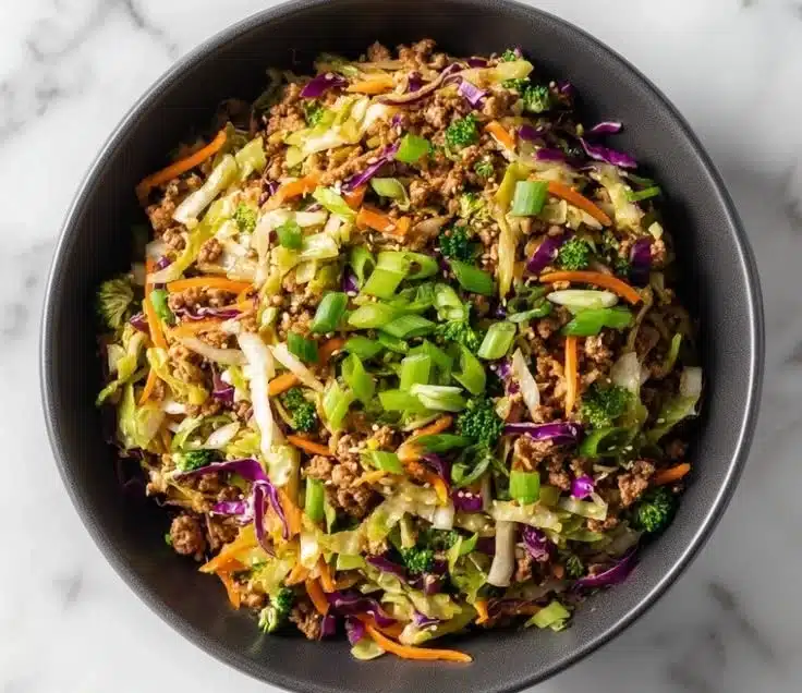 High protein egg roll bowl with vegetables and sauce, healthy recipe