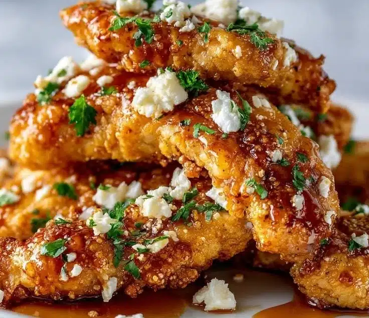 Delicious Hot Honey Feta Chicken served in a pan with herbs and honey drizzle