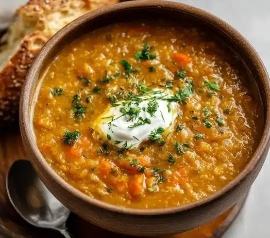 Bowl of instant pot red lentil soup with fresh herbs on top