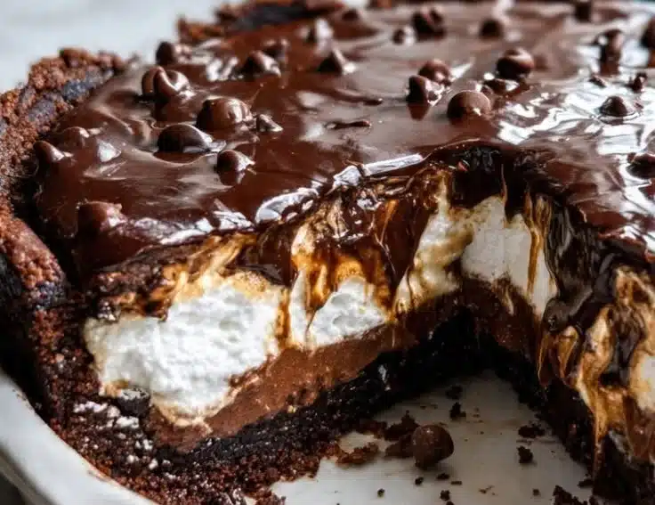 Delicious Mississippi Mud Brownie Pie topped with marshmallows and chocolate