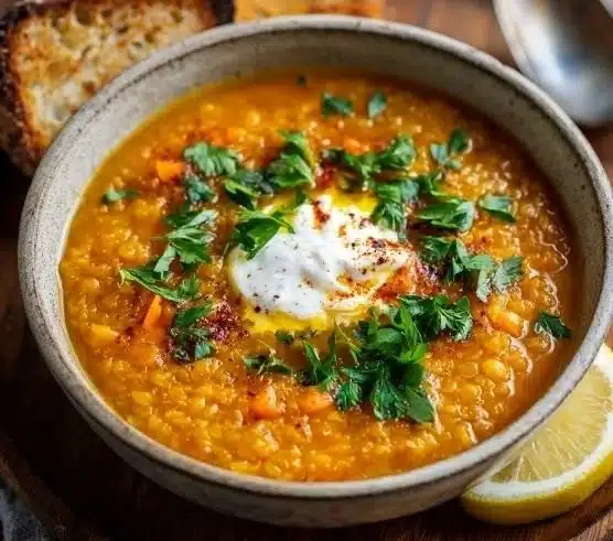 Bowl of vibrant Moroccan Carrot Red Lentil Soup topped with fresh herbs