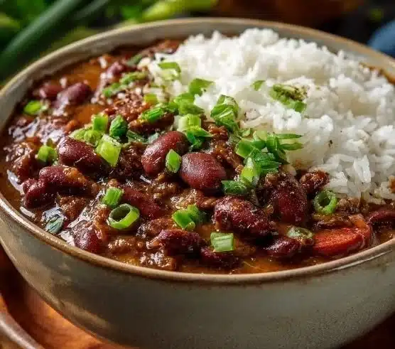 A plate of New Orleans red beans and rice garnished with herbs