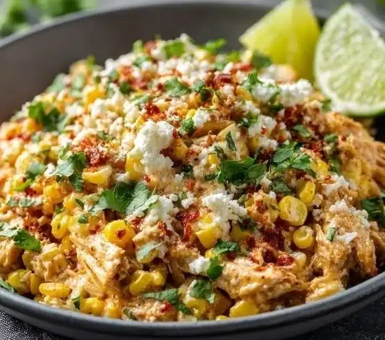 Delicious Slow Cooker Street Corn Chicken served with fresh toppings