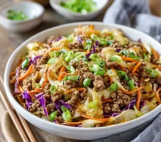 Delicious egg roll in a bowl with colorful vegetables and savory meat