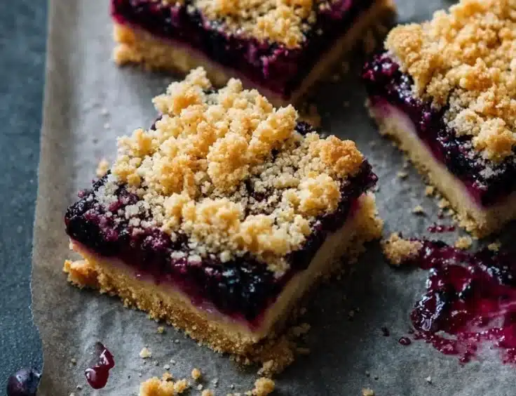 Delicious Blueberry Cream Crumble Bars with a crumbly topping and creamy layer
