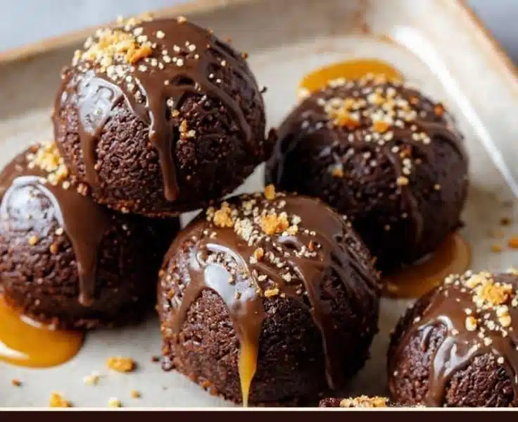 Delicious Brownie Bomb with Caramel dessert topped with chocolate drizzle