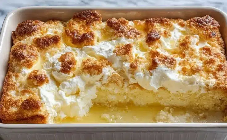 Lemon Cream Cheese Dump Cake topped with fresh lemon slices and whipped cream