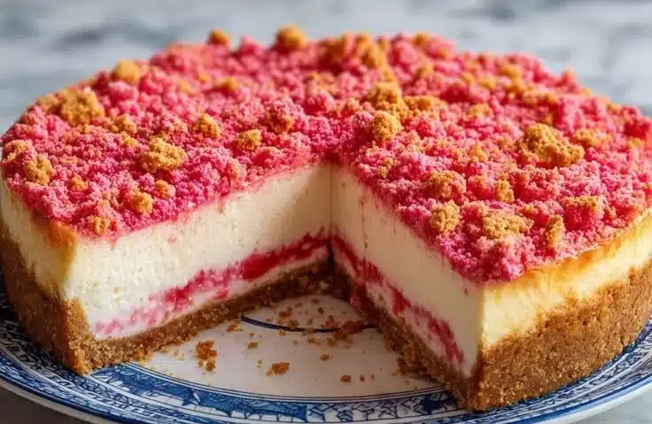 Delicious Strawberry Crunch Cheesecake dessert with strawberry topping and crunchy layers