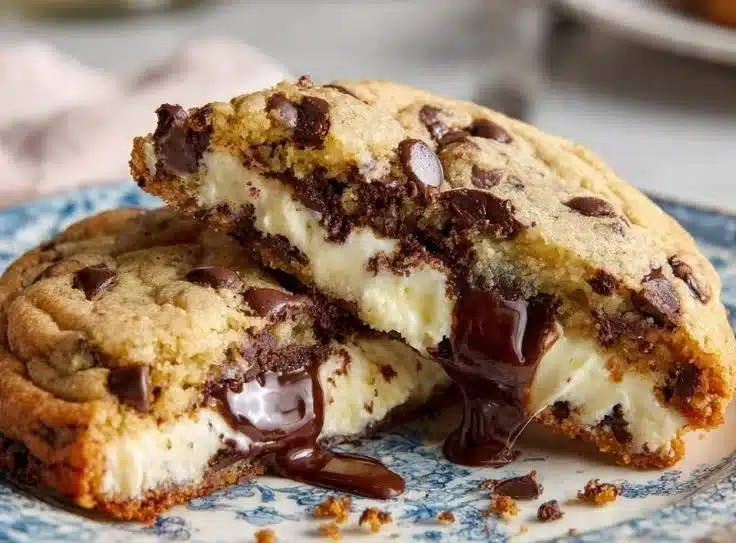 Stuffed chocolate chip cookies with creamy cheesecake filling