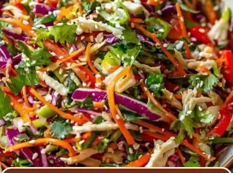 Bowl of authentic Asian chopped salad with colorful vegetables and dressing