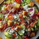 Delicious Bacon Ranch Salad with greens, bacon, and ranch dressing