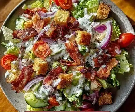 Delicious Bacon Ranch Salad with crispy bacon and fresh vegetables