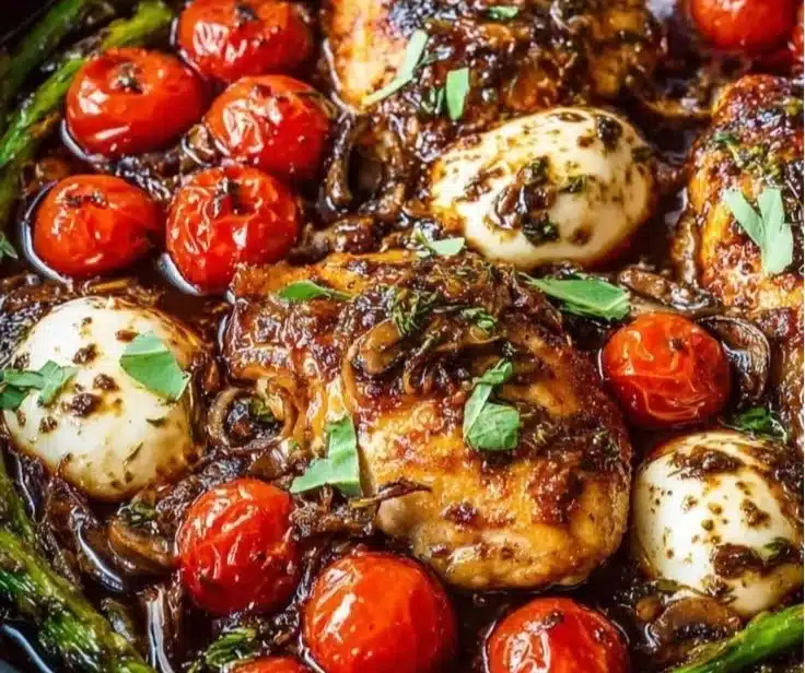 Balsamic Chicken with Roasted Asparagus and Cherry Tomatoes