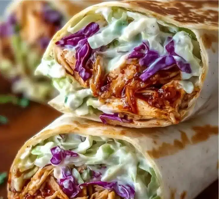 BBQ Chicken Wraps with coleslaw in a tortilla on a wooden table