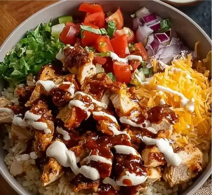 BBQ Ranch Chicken Bowl with grilled chicken, ranch dressing, and barbecue sauce