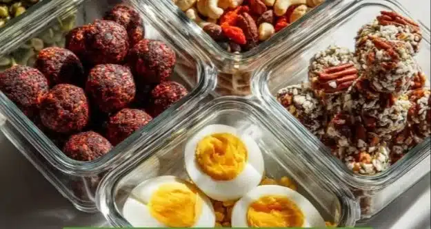 Variety of high protein snacks ideal for road trips packed in a travel bag.