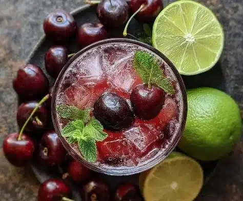Delicious Black Cherry Mocktail served in a glass garnished with cherries