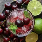 Glass of Black Cherry Mocktail garnished with cherries and mint leaves