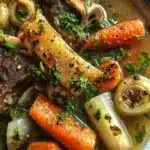 A bowl of delicious homemade bone broth soup filled with herbs and vegetables