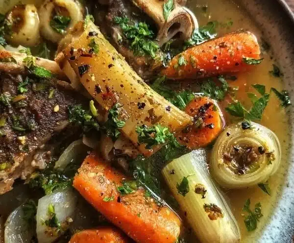 A bowl of delicious homemade bone broth soup filled with herbs and vegetables