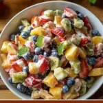 Breakfast fruit salad topped with honey yogurt dressing and fresh fruits.