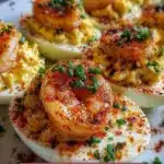 Cajun shrimp deviled eggs garnished with spices and herbs.