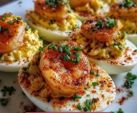 Cajun shrimp deviled eggs garnished with spices and herbs.