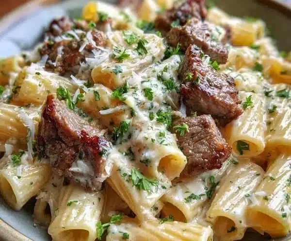 Cajun Steak Tips in Cheesy Rigatoni Parmesan Sauce served on a plate