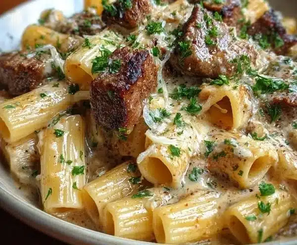 Cajun Steak Tips in Cheesy Rigatoni Parmesan Sauce