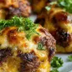 Delicious cheeseburger bites on a serving platter, perfect for snacks.