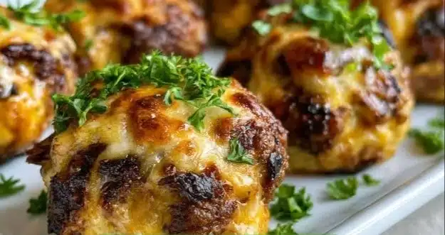 Delicious cheeseburger bites on a serving platter, perfect for snacks.