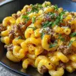 Delicious cheeseburger pasta served in a bowl with fresh ingredients