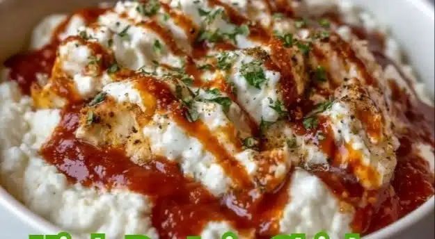 Healthy Chicken Parm Cottage Cheese Bowl topped with herbs and cheese