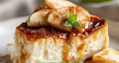 Homemade cottage cheese apple pie bake served on a rustic wooden table.