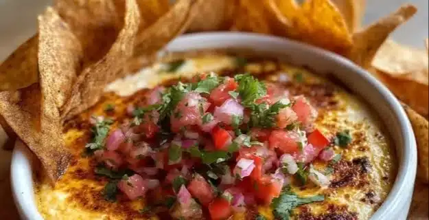 High protein cottage cheese queso dip served in a bowl with tortilla chips