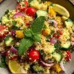 Colorful couscous salad with fresh vegetables and herbs.