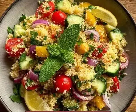 Colorful couscous salad with fresh vegetables and herbs.