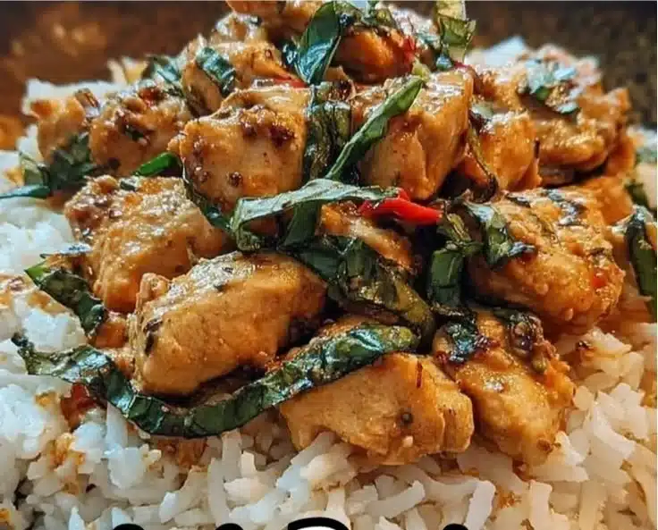 Delicious creamy Coconut Basil Chicken served with fresh basil garnish.