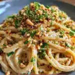Creamy peanut noodles served in a bowl with fresh vegetables and herbs